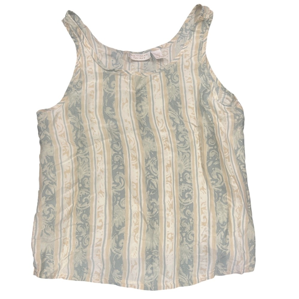 Vintage Victorias Secret Gold Label 100% Silk Tank Top Sage Stripe Small 90s
